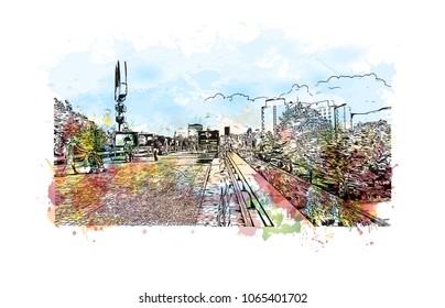 Building view with street of Sofia, Capital of Bulgaria. Watercolor splash with hand drawn sketch illustration in vector.