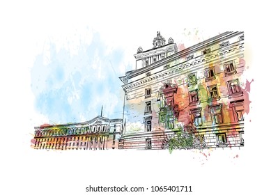 Building view with street of Sofia, Capital of Bulgaria. Watercolor splash with hand drawn sketch illustration in vector.