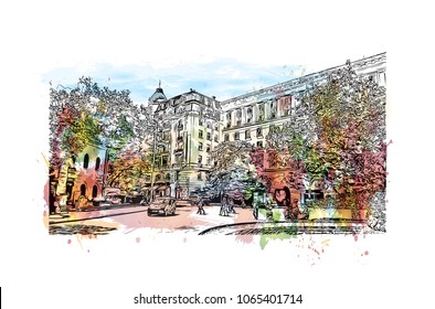 Building view with street of Sofia, Capital of Bulgaria. Watercolor splash with hand drawn sketch illustration in vector.