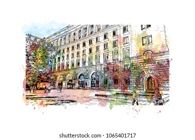 Building view with street of Sofia, Capital of Bulgaria. Watercolor splash with hand drawn sketch illustration in vector.