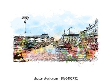 Building view with street of Sofia, Capital of Bulgaria. Watercolor splash with hand drawn sketch illustration in vector.
