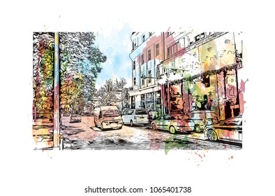 Building view with street of Sofia, Capital of Bulgaria. Watercolor splash with hand drawn sketch illustration in vector.
