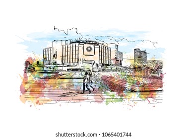 Building view with street of Sofia, Capital of Bulgaria. Watercolor splash with hand drawn sketch illustration in vector.