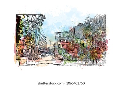 Building view with street of Sofia, Capital of Bulgaria. Watercolor splash with hand drawn sketch illustration in vector.