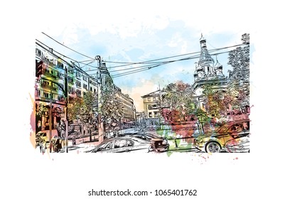 Building view with street of Sofia, Capital of Bulgaria. Watercolor splash with hand drawn sketch illustration in vector.