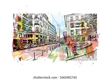 Building view with street of Sofia, Capital of Bulgaria. Watercolor splash with hand drawn sketch illustration in vector.