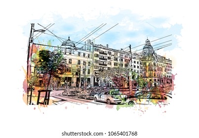 Building view with street of Sofia, Capital of Bulgaria. Watercolor splash with hand drawn sketch illustration in vector.