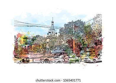 Building view with street of Sofia, Capital of Bulgaria. Watercolor splash with hand drawn sketch illustration in vector.