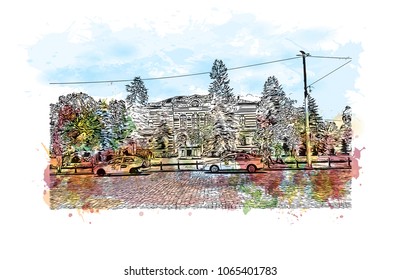 Building view with street of Sofia, Capital of Bulgaria. Watercolor splash with hand drawn sketch illustration in vector.