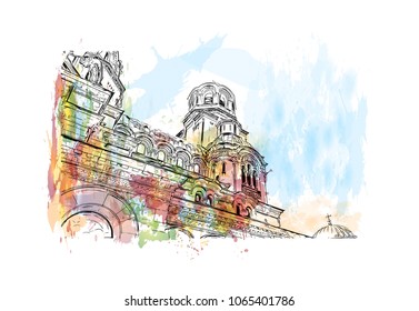 Building view with street of Sofia, Capital of Bulgaria. Watercolor splash with hand drawn sketch illustration in vector.
