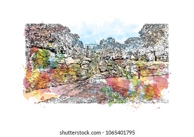Building view with street of Sofia, Capital of Bulgaria. Watercolor splash with hand drawn sketch illustration in vector.