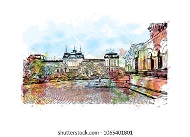 Building view with street of Sofia, Capital of Bulgaria. Watercolor splash with hand drawn sketch illustration in vector.