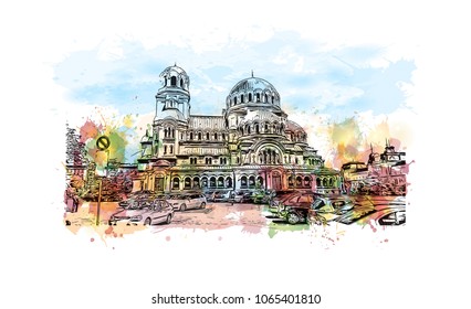 Building view with street of Sofia, Capital of Bulgaria. Watercolor splash with hand drawn sketch illustration in vector.