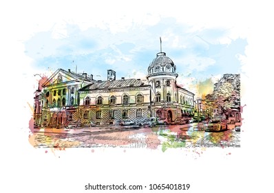 Building view with street of Sofia, Capital of Bulgaria. Watercolor splash with hand drawn sketch illustration in vector.