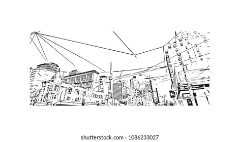 Building view with street of Toronto, the capital of the province of Ontario, is a major Canadian city. Hand drawn sketch illustration in vector.