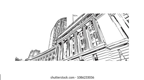 Building view with street of Toronto, the capital of the province of Ontario, is a major Canadian city. Hand drawn sketch illustration in vector.