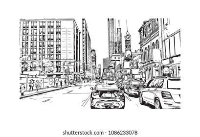 Building view with street of Toronto, the capital of the province of Ontario, is a major Canadian city. Hand drawn sketch illustration in vector.