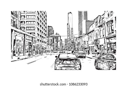 Building view with street of Toronto, the capital of the province of Ontario, is a major Canadian city. Hand drawn sketch illustration in vector.