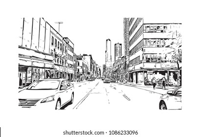 Building view with street of Toronto, the capital of the province of Ontario, is a major Canadian city. Hand drawn sketch illustration in vector.