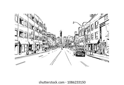Building view with street of Toronto, the capital of the province of Ontario, is a major Canadian city. Hand drawn sketch illustration in vector.