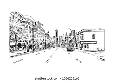 Building view with street of Toronto, the capital of the province of Ontario, is a major Canadian city. Hand drawn sketch illustration in vector.