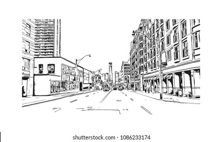 Building view with street of Toronto, the capital of the province of Ontario, is a major Canadian city. Hand drawn sketch illustration in vector.