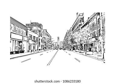 Building view with street of Toronto, the capital of the province of Ontario, is a major Canadian city. Hand drawn sketch illustration in vector.