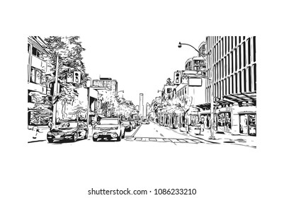 Building view with street of Toronto, the capital of the province of Ontario, is a major Canadian city. Hand drawn sketch illustration in vector.