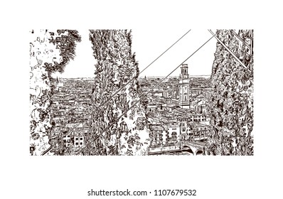 Building view of Verona is a city in northern Italy’s Veneto region, with a medieval old town built between the meandering Adige River. Hand drawn sketch illustration in vector.