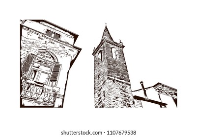 Building view of Verona is a city in northern Italy’s Veneto region, with a medieval old town built between the meandering Adige River. Hand drawn sketch illustration in vector.