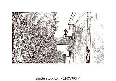 Building view of Verona is a city in northern Italy’s Veneto region, with a medieval old town built between the meandering Adige River. Hand drawn sketch illustration in vector.
