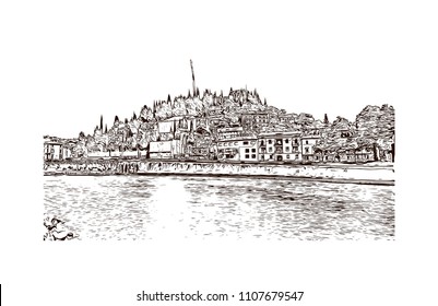 Building view of Verona is a city in northern Italy’s Veneto region, with a medieval old town built between the meandering Adige River. Hand drawn sketch illustration in vector.