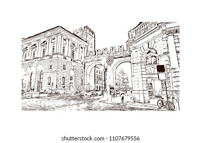 Building view of Verona is a city in northern Italy’s Veneto region, with a medieval old town built between the meandering Adige River. Hand drawn sketch illustration in vector.
