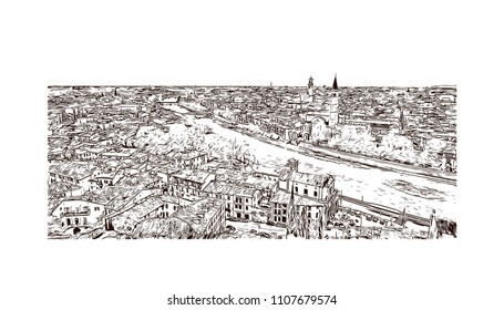 Building view of Verona is a city in northern Italy’s Veneto region, with a medieval old town built between the meandering Adige River. Hand drawn sketch illustration in vector.
