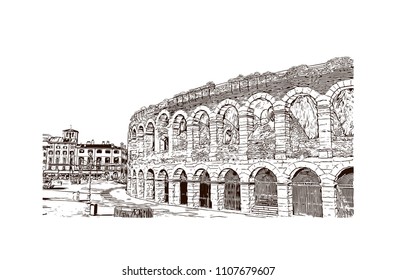 Building view of Verona is a city in northern Italy’s Veneto region, with a medieval old town built between the meandering Adige River. Hand drawn sketch illustration in vector.