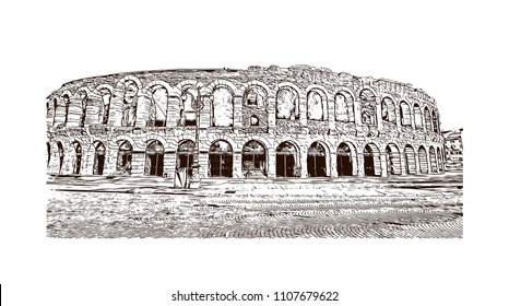 Building view of Verona is a city in northern Italy’s Veneto region, with a medieval old town built between the meandering Adige River. Hand drawn sketch illustration in vector.