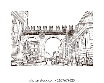 Building view of Verona is a city in northern Italy’s Veneto region, with a medieval old town built between the meandering Adige River. Hand drawn sketch illustration in vector.