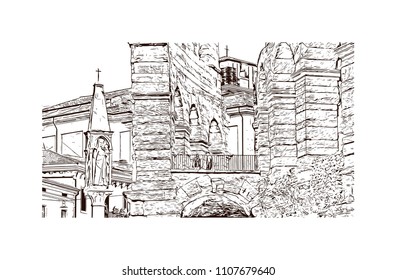 Building view of Verona is a city in northern Italy’s Veneto region, with a medieval old town built between the meandering Adige River. Hand drawn sketch illustration in vector.