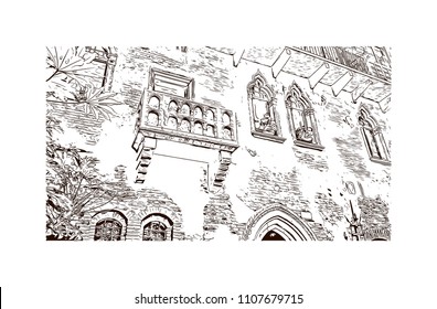 Building view of Verona is a city in northern Italy’s Veneto region, with a medieval old town built between the meandering Adige River. Hand drawn sketch illustration in vector.