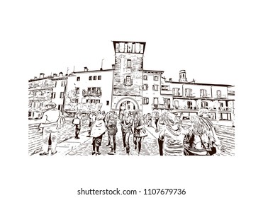 Building view of Verona is a city in northern Italy’s Veneto region, with a medieval old town built between the meandering Adige River. Hand drawn sketch illustration in vector.