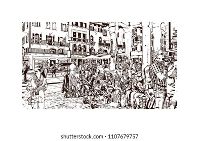 Building view of Verona is a city in northern Italy’s Veneto region, with a medieval old town built between the meandering Adige River. Hand drawn sketch illustration in vector.