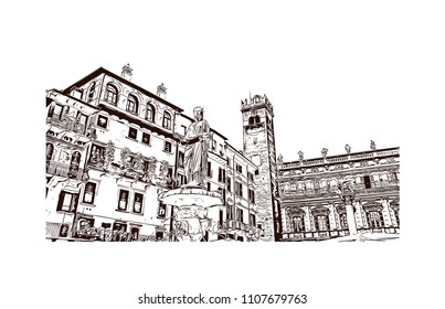 Building view of Verona is a city in northern Italy’s Veneto region, with a medieval old town built between the meandering Adige River. Hand drawn sketch illustration in vector.