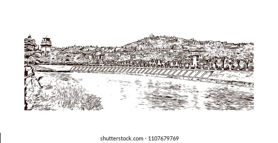 Building view of Verona is a city in northern Italy’s Veneto region, with a medieval old town built between the meandering Adige River. Hand drawn sketch illustration in vector.