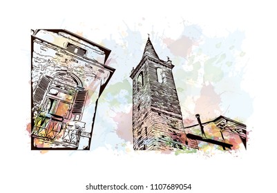 Building view of Verona is a city in northern Italy’s Veneto region. Watercolor splash with hand drawn sketch illustration in vector.