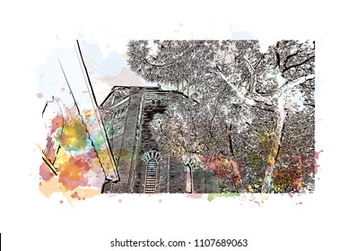Building view of Verona is a city in northern Italy’s Veneto region. Watercolor splash with hand drawn sketch illustration in vector.