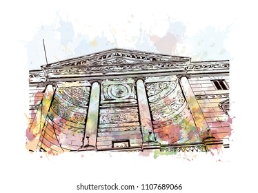 Building view of Verona is a city in northern Italy’s Veneto region. Watercolor splash with hand drawn sketch illustration in vector.