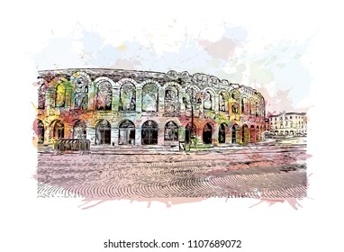 Building view of Verona is a city in northern Italy’s Veneto region. Watercolor splash with hand drawn sketch illustration in vector.