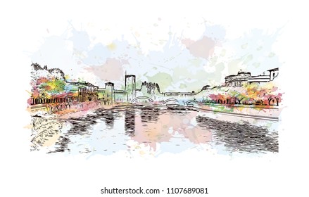 Building view of Verona is a city in northern Italy’s Veneto region. Watercolor splash with hand drawn sketch illustration in vector.
