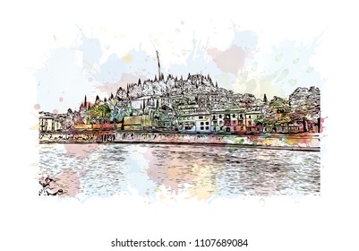 Building view of Verona is a city in northern Italy’s Veneto region. Watercolor splash with hand drawn sketch illustration in vector.