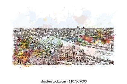 Building view of Verona is a city in northern Italy’s Veneto region. Watercolor splash with hand drawn sketch illustration in vector.